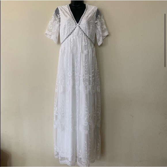 Pinkblush Maternity White Lace Overlay V Neck Maxi Dress - Picture 6 of 14